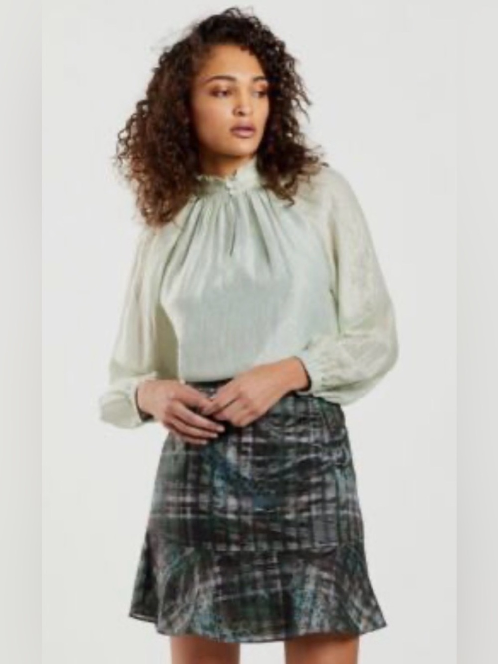 NWT Marie Oliver Pleated Metallic Plisse Silk Blouse In Seafoam Green